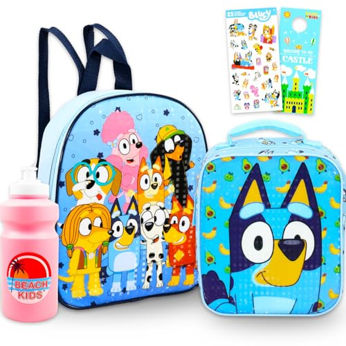 Bluey Mini mochila con juego de lonchera – Paquete con mini mochila de 11 pulgadas, bolsa de almuerzo, calcomanías, botella de agua, más | Mochila escolar Bluey y lonchera para niños pequeños, Varios