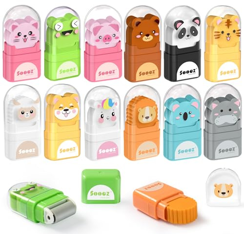 Sooez 12 Pack Pencil Erasers, Cute Animal Eraser with Clean up Roller and Cover, Latex-Free, Bulk Art Drawing Erasers for Teens & Teacher Classroom/School Supplies, Party Favor