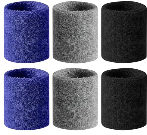 Bracelet Poignet Sport, 3 Paires Bracelet Absorbant Poignet, Bandeau Poignets Tennis, Adapté au Tennis, au Basket-Ball, à la Course à Pied, au Fitness et à l'Entraînement (Noir + Bleu + Gris)