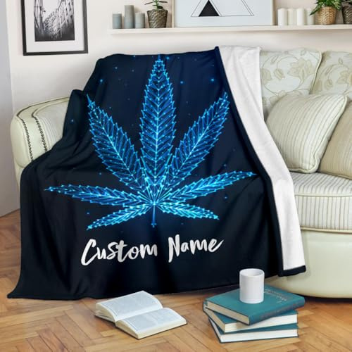 Custom Name Weed Leaf Blanket – Blue Neon Cannabis Fleece Throw – Stoner Gift, Cozy Decor for 420 Lovers & Chill Vibes (Small 30x40 Inches)