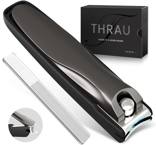 THRAU Tagliaunghie antispruzzo, in acciaio inox, per uomini e donne, tagliaunghie affilato per unghie spesse, fornito con lima per unghie in vetro nano (grande)