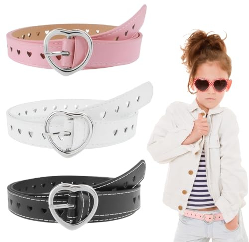 Cintura Bambini Ragazze 3 Pezzi Regolabili con Fibbia Cuore, 100 cm Elastica Nera Rosa Bianca per Scuola e Tempo Libero, Cintura Bimba Elegante e Comoda