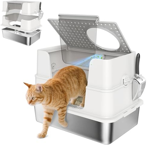 PawHut Arenero para Gatos de Acero Inoxidable XL Caja de Arena para Gatos Grandes Arenero con Tapa Abatible Laterales Altos Entrada Superior Pala sin Olores Fácil de Limpiar Antifugas Gris Claro