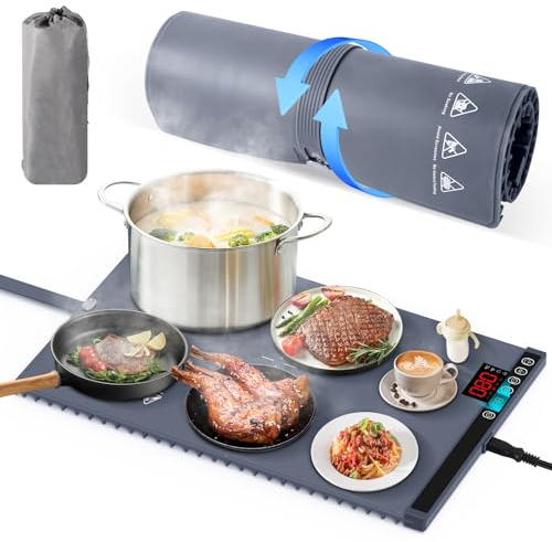 Food Warmer, LAMA Electric Warming Mat, Foldable Silicone Hot Plates with 6 Temperature Settings, 5H Timer, 10S Fast Heating, LED Display and Locking Function, Roll Heating Pads to Keep Food Warm