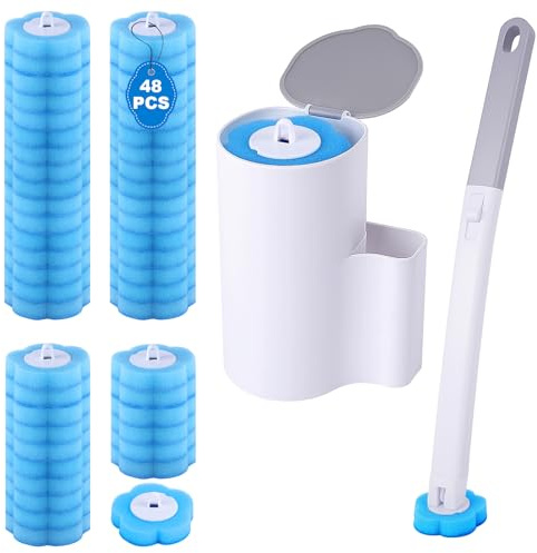 wlich Disposable Toilet Brush, Toilet Brush with 48 Cleaner Refills and Wall Mount, Toilet Brush with Detergent, Disposable Toilet Brush for Bathroom, Hygienic Cleaning