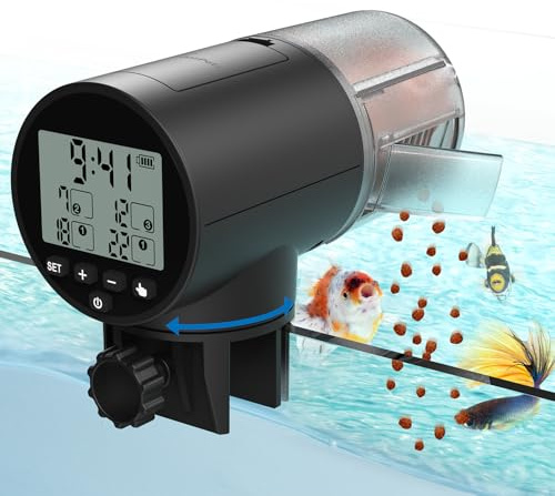 JuzPetz - Distributeur de Nourriture Automatique pour Poissons | Écran Numérique et Réglages Programmables | Mangeoire d’Aquarium Automatique | Accessoire d’Aquarium |Noir