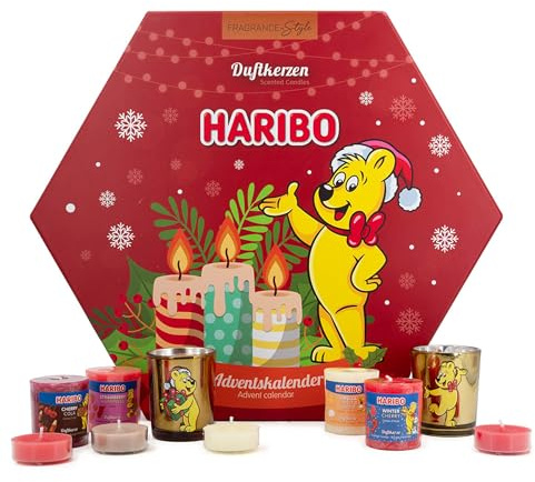 Haribo Calendario de Adviento velas perfumadas, 10 velas votivas, 12 velas de té, duroplast y cristal, cera de parafina, multicolor