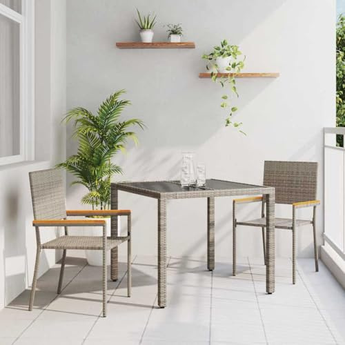 Fangmaliuyun Gruppo da giardino, 3 pezzi, grigio, 90 x 90 x 75 cm, in rattan sintetico, resistente alle intemperie, con braccioli in legno di acacia, design moderno, robusto e durevole, per terrazza