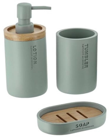 Tendance - Set Gobelet Distributeur à Savon et Porte Savon Polyrésine - Vert Eucalyptus/Bambou - Salle de Bain - Accessoire Salle de Bain à Poser