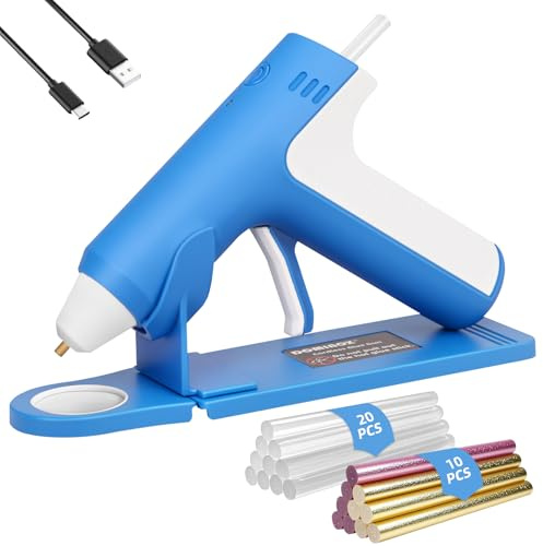 DOMINOX 4V Cordless Hot Glue Gun with 30 Glue Sticks, Blue | Cordless Glue Gun with 25s Fast Preheating, 2000mAh Type-C Rechargeable, Smart-Power-Off, for Art, Craft, DIY, Home Repairs