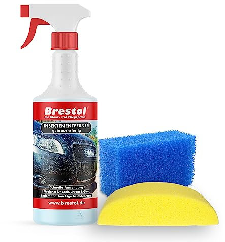 Brestol Insektenentferner Set1-1x 750 ml gebrauchsfertig, 1x Fahrzeugschwamm, 1x Insektenschwamm - Insektenlöser Polycarbonat geeigneter Vogelkotentferner Spezialreiniger alkalisch