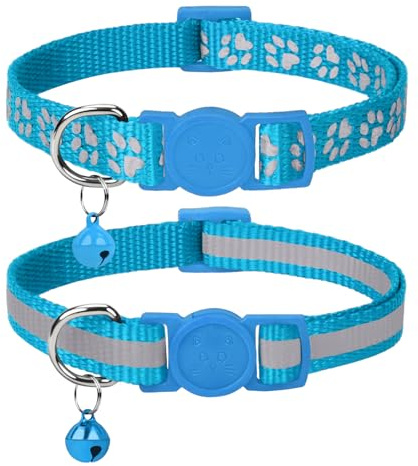 Taglory Reflective Cat Collar Breakaway with Bell, High Visibility Night Strip, Lightweight Adjustable Nylon Collar for Boy Girl Cats, 2 Pack, 7.5-12.5 Inch, Sky Blue
