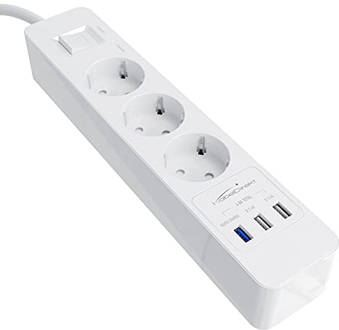 KabelDirekt – 3-Fach-Steckdosenleiste & Mehrfachsteckdose (USB, Quick Charge 3.0, Schnellladegerät, lädt geräteabhängig bis zu 3× schneller, Überspannungs-/Berührungsschutz, TÜV-geprüft, weiß)