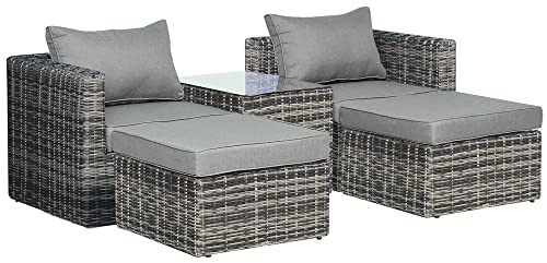 Outsunny 5 Piece Rattan Garden Furniture Set w/ 10cm Thick Cushions, Aluminium Frame Wicker Outdoor Balcony Sofa Set with Corner Armchairs, Ottomans, and Glass Top Table, Mixed Grey