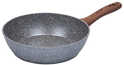 RESTO Tiefe Bratpfanne 26 cm, Wokpfanne aus geschmiedetem Aluminium mit vierschichtiger Marmor-Antihaftbeschichtung und mit ergonomischem weichem Griff in Holzoptik (h= 7 cm)