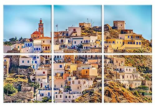 JBER Akustikpaneler med konst, 6 st. självhäftande paneler som bildar stora målningar, ljudabsorberande paneler för inspelningsstudio, vardagsrum och sovrum, 183 x 122 cm (Santorini)