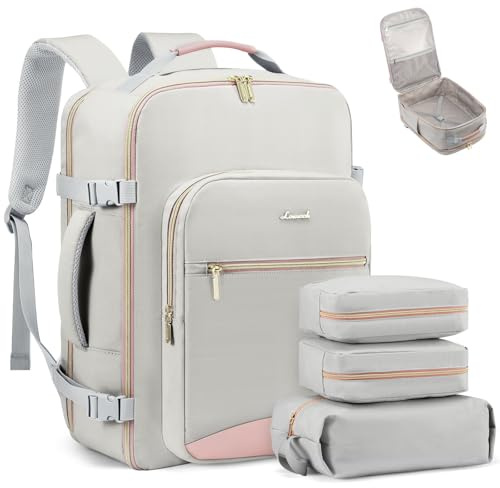 LOVEVOOK Travel Backpack for Women & Men 40L,Airline Approved Carry On Backpack Travel Essentials,TSA Carry on Luggage,Waterproof Personal Item Travel Bag,Suitcase with 3 Packing Cubes,Light gray-Pink