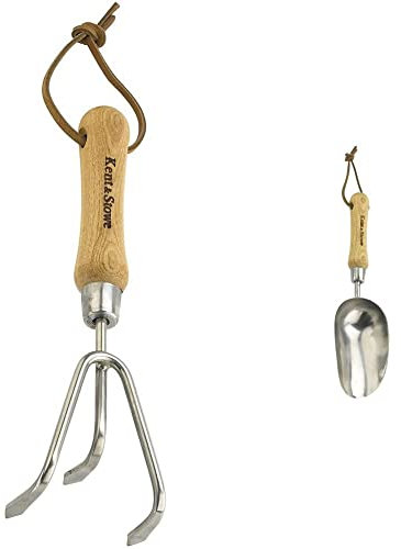 Kent & Stowe Pflanzschaufel – Blumen-Kelle aus Edelstahl zum Einpflanzen und Umpflanzen, Handschaufel mit Griff aus Eschenholz, 33 cm & 3 Zinken-Grubber – Handgrubber aus Edelstahl, Länge: 28 cm