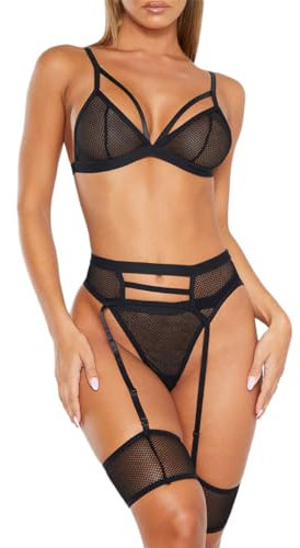 NewBull 4 Piece Lingerie Sets Sexy for Women Naughty Garter Suspenders Cutout Bra and Panties Underwear Set Women's Mesh Net Strappy Babydoll Transparent Sleepwear Nightwear (Black)