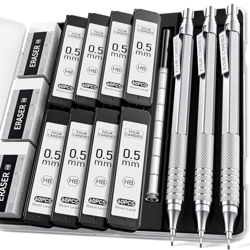 Four Candies 0,5 mm Druckbleistift-Set mit Etui, Metall-Künstlerbleistift mit 8 Röhren (480 Stück), HB-Minenminen, 3 Radiergummis, 9 Radiergummi-Nachfüllungen Ingenieure, Schreiben, Zeichnen, Silber