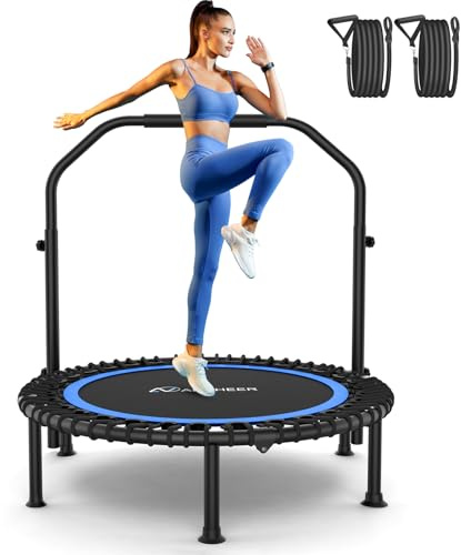 ANCHEER 40 Foldable Rebounder Trampoline for Adults/Kids with Resistance Bands and Bungees, Fitness Home, Indoor & Outdoor Mini Trampoline with Bar and Safety Padding - Max Load 330lbs (Blue)