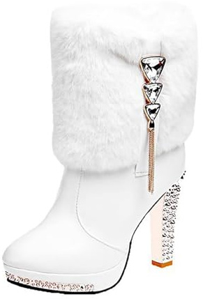 Stivali invernali da donna foderati in pelle, eleganti stivali da donna, con tacco alto, stivali da lavoro, stivali invernali, bianco, 35