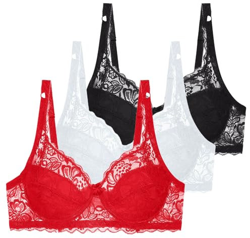 XCXC 3er-Pack Damen BH ohne Bügel Push Up Spitzen-BH Frauen Weich Bequemer Sexy Klassische BHS mit verstellbarem Träger Women Bra Set für Alltag