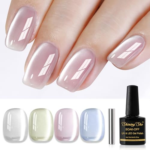 Shining She Esmalte Semipermanente de Uñas en Gel UV LED,4 Colores Transparencia Cristal Rosa Verde Azul Jelly Ojo de Gato Cat Eye Gel Polish Set Manicura Francesa para Novato Art DIY,8ML