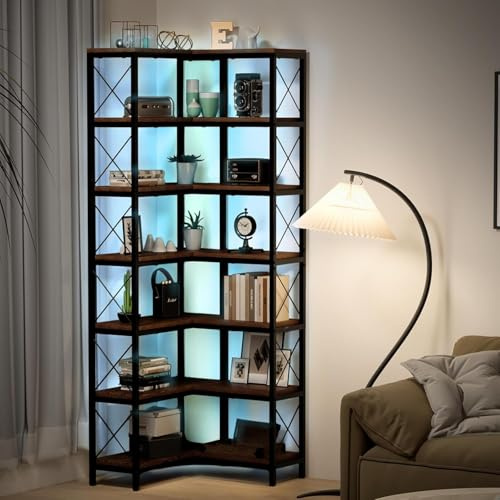 SOLIDEE 7 Tier Corner Bookshelf with LED Lights, 78.7” High Corner Shelf Storage for Living Room, Study Room, Metal Frame Extra Large Capacity, Flamed Color