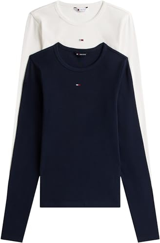 Tommy Jeans T-Shirts Manches Longues Lot de 2 Femme Slim Essential Rib Col Ras-du-Cou, Multicolore (Ecru/Dark Night Navy), L