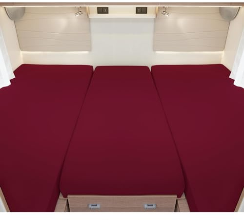 G BETTWARENSHOP – Spannbettlaken für Wohnmobile & Wohnwagen – Spannbetttuch Set 3-teilig für 2 Längsbetten + Mittelteil – Jersey Bettlaken für Heckbetten 2 Längsbetten + Mittelteil, weinrot