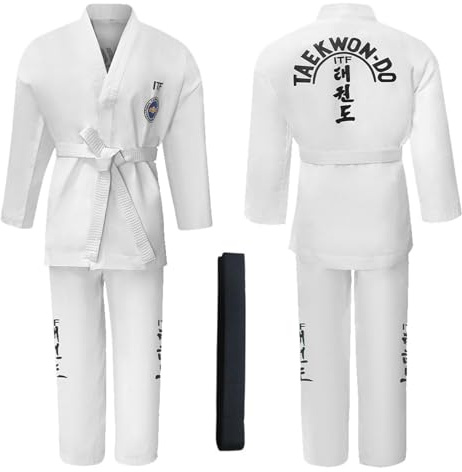 CHUIKUAJ Kimonos de Taekwondo ITF para Niños y Adultos,Karate Kimono con Cinturilla, Kimono Jiu Jitsu Ligeros de Polialgodón, Entrenamiento y Sparring,Black-180