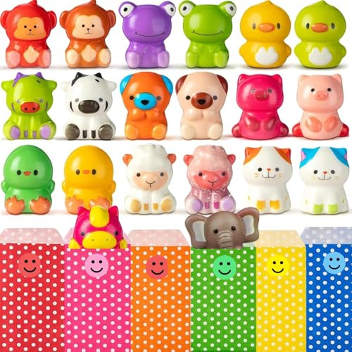 24 PCS Squishy Animales + Bolsas Regalos, Detalles Cumpleaños Niños, Regalos Cumpleaños Niños Colegio, Regalitos para Invitados Infantiles, Juguetes Antiestrés, Pack 24 Squishies + Bolsitas