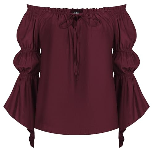 Scarlett darkess kvinnor renässans axellös skjorta långärmad spets volang topp, vin, XL