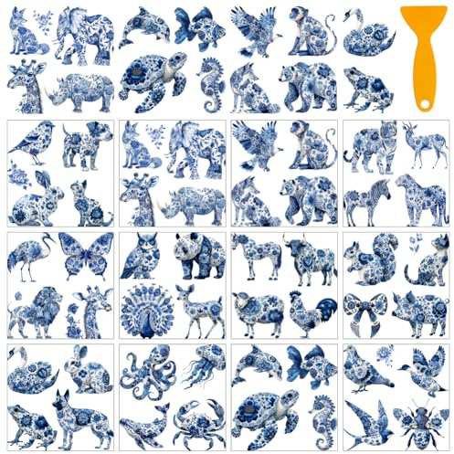 AHANDMAKER 12 Sheets Rub on Transfer for Crafts Blue and White Forest Animals Rub on Transfer Stickers Rub on Decal Stickers for Wood Furniture DIY Crafts Home Office School Decor, 5.5 x 5.5 Inches