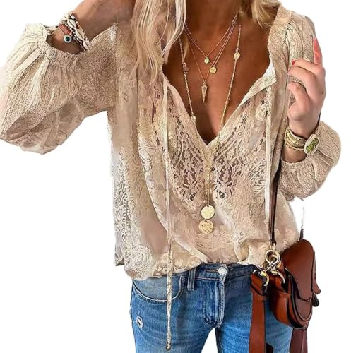 Fronage Floral Embroidered Lace Tops for Women UK Boho Sexy V Neck Long Sleeve Shirts Casual Hollow Out Looes Lace Tops Apricot