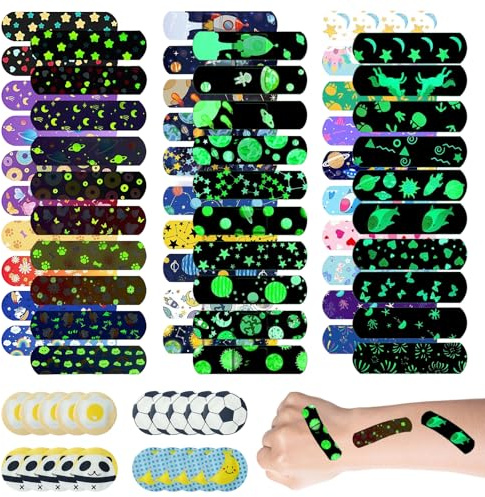 60 Pcs Cerotti Luminosi Bambini Effetto Fluorescente Diversi Simpatici Disegni a Fumetti Impermeabile Adatto per La Cura Delle Ferite 72x19mm con 20 Cerotti Rotondi Piccoli