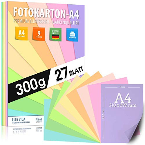 Buntes Papier Pastell Fotokarton DIN A4 – 300g - 9 Farben – Festes Papier - Farbige Pastel Blätter, Kinder & DIY Bögen, Bastel, Pastellfarben 27 Blatt - BLAUER ENGEL zertifiziert - MADE IN GERMANY