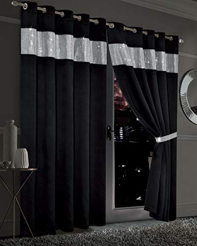 LOOMS & LEAVES Blackout Curtains Thermal Luxury Readymade Eyelet Ring Pair with Tie Backs (BLACK, 229 x 229 cm)