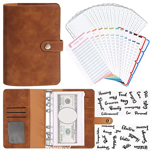 Auzesto A6 Budget Binder, Soft PU Leather Notebook Binder Planner Cover with 16 Pockets Cash Envelopes, 12 Expense Sheets, 4 Shts Letter Sticker Labels for Bill (Brown), ZS23-25