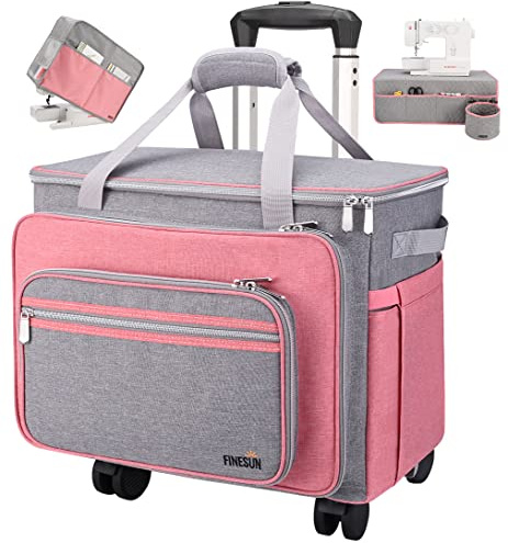 FINESUN 3in1 Foldable Deluxe Rolling Sewing Machine Case with Wheels, Pink, 17x9.5x12 inches, Compatible with Brother, Singer, Bernina and Most Machines