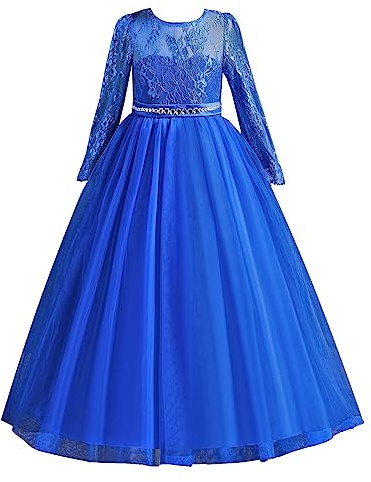 M MUNCASO Lace Long Sleeve Princess Dress, Flower Girls Dress, First Communion Pageant Dresses Girl Dress for Christmas Party, Birthday Carnival (Jewel Blue, 12-13 Years)