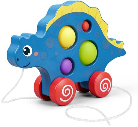 ICEKO-Nachziehtier, Holzspielzeug Dinosaurier mit Pop Push It Fidget Toys,Nachziehspielzeug ab 1 Jahr
