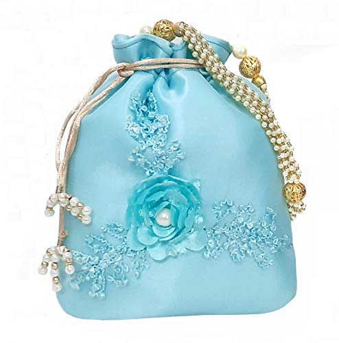 Swadeshi Desire Polti - Borsa da donna con manico in perle e nappa, stile etnico, da sposa, stile tradizionale e casual, Azzurro Cielo Chiaro
