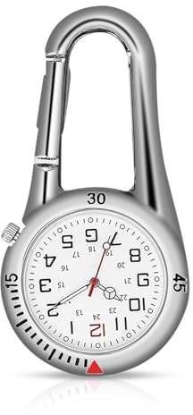 WIYETY Orologio da infermiera argento: orologio al quarzo multifunzionale orologio a moschettone, piccolo orologio da cintura luminosa per medici infermieri paramedici cuochi sport ciclisti scalatori