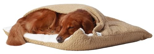 Hundeschlafsack mit Dach, Beruhigende Hundebett Hundehöhle, Winter Warm Plüsch Höhle mit Kapuze, Katzenbett mit Abnehmbaren Deckel, Hundesofa für Kleine und Mittelgroße Hunde(Beige,60x50x23cm)