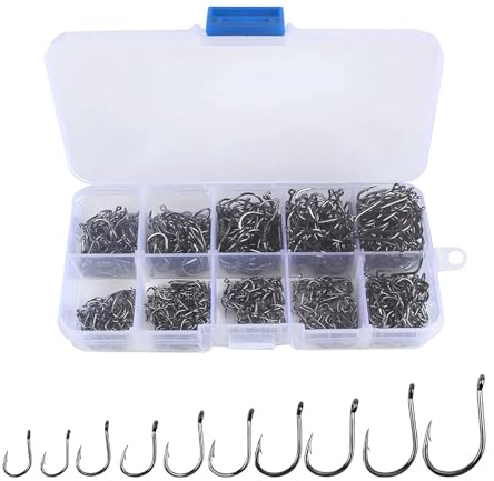 RTRTGS 500 hameçons de pêche, hamecon peche, peche carpe,10 tailles d'hameçons en acier au carbone avec crochets, article de peche,avec boîte en plastique pour la pêche en eau douce et salée