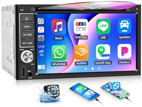OiLiehu Double Din Car Stereo with CD/DVD Player with CarPlay Android Auto, 6.2 Car Radio 2 Din with Touchscreen, Mirror Link, Bluetooth, FM/AM Radio, USB, AUX, EQ, Subwoofer, SWC, Backup Camera