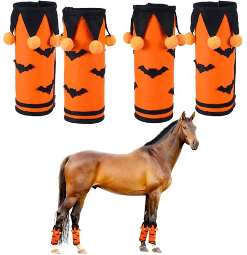 Abbylike 4 Stück Halloween Pferdebeinbandagen, Filz Orange und Schwarz Pferdebeinschoner mit Fledermausmuster und Pompons, verstellbarer Verschluss, bequemer Schutz für Parade und Partys
