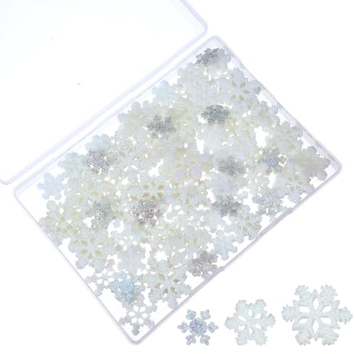 80 Pcs Mini Resin Snowflakes Ornament Christmas Decorations, 3 Sizes Glitter Plastic Mini Snowflake Easter Charms with Storage Box for Embellishments Winter Party DIY Craft Decoration(White/Clear)